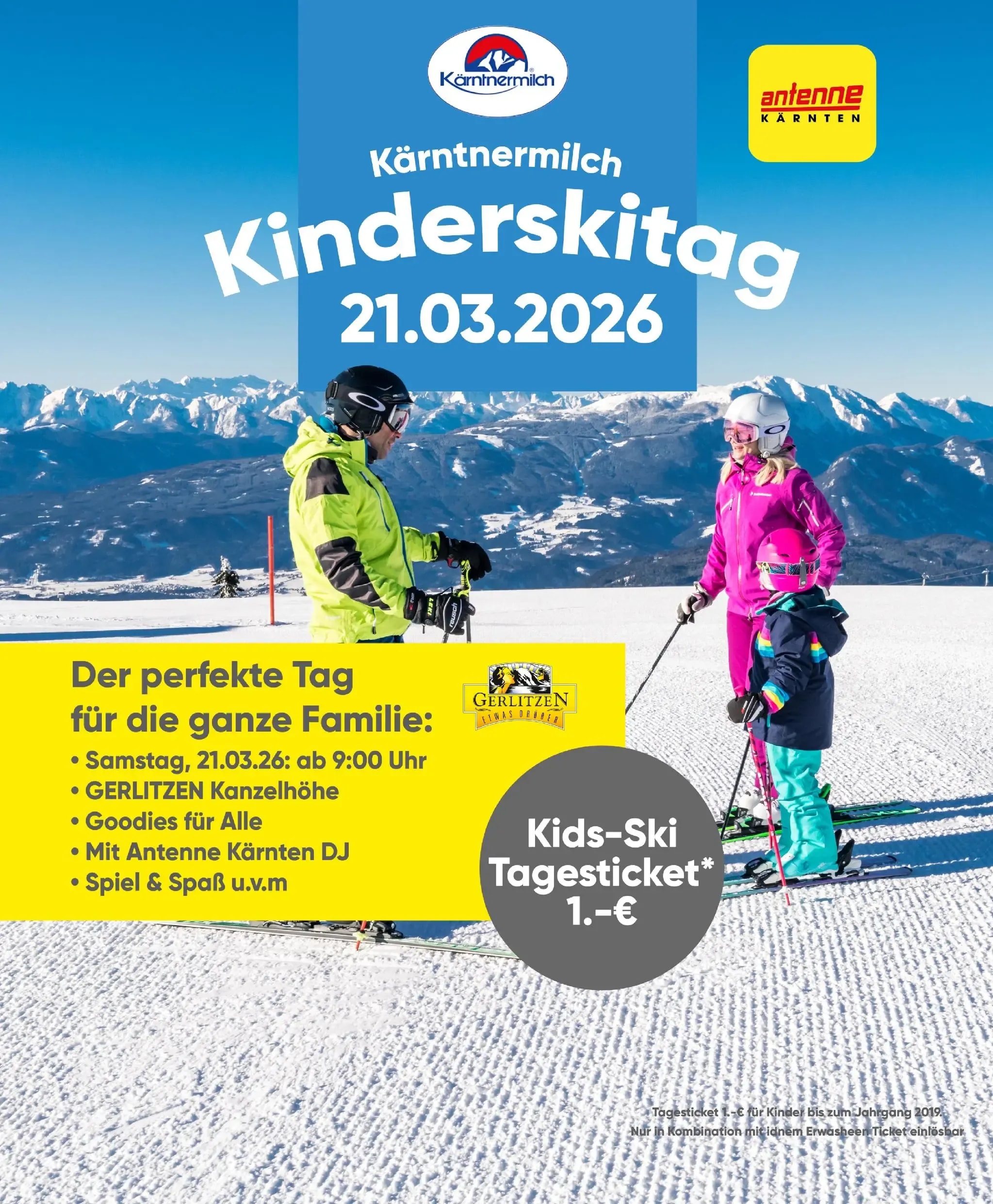 Kärntnermilch Skitag auf der Gerlitzen Alpe - Kinderticket um € 1,-